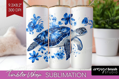 Turtle Floral Tumbler Wrap Blue Flowers Tumbler PNG Product Image 1
