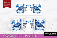 Turtle Floral Mug Wrap Blue Flowers Mug PNG Sublimation Product Image 1
