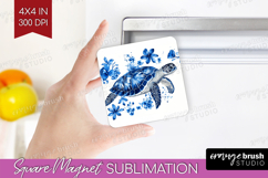 Turtle Floral Magnet Sublimation Blue Flowers Square Magnet Product Image 1