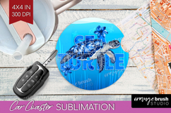 Turtle Floral Car Coaster Sea Blue Coaster PNG Sublimation Product Image 1