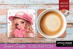 Valentine Girl Square Coaster - Valentines Day Coaster PNG Product Image 1