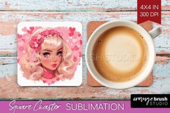 Valentine Girl Square Coaster - Valentines Day Coaster PNG Product Image 1