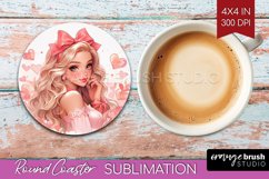 Valentine Girl Round Coaster - Valentines Day Coaster PNG Product Image 1