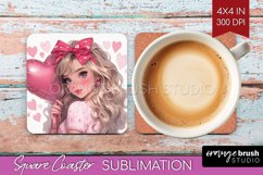 Valentine Girl Square Coaster - Valentines Day Coaster PNG Product Image 1