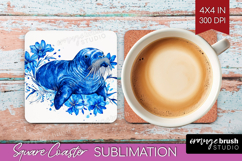 Walrus Floral Square Coaster Blue Flowers Coaster PNG Product Image 1