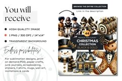 Black &amp; Gold Christmas Kids with Snowman Clipart PNG Product Image 2