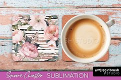 Watercolor Flowers Square Coaster - Floral Pink Sublimation Product Image 1