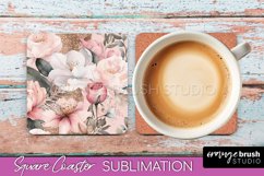 Watercolor Flowers Square Coaster - Floral Pink Sublimation Product Image 1