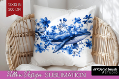 Whale Floral Pillow Sublimation Blue Flowers Pillow Cover Product Image 1