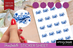 Whale Floral Round Sticker Blue Flowers Printable Sticker Product Image 1