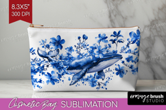 Whale Floral Cosmetic Bag Blue Flowers Makeup Bag PNG Product Image 1