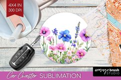 Wildflowers Car Coaster - Watercolor Flowers Coaster PNG Product Image 1