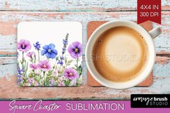 Wildflowers Square Coaster - Watercolor Flowers Coaster PNG Product Image 1