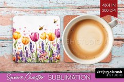 Wildflowers Square Coaster - Watercolor Flowers Coaster PNG Product Image 1