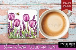 Wildflowers Square Coaster - Watercolor Flowers Coaster PNG Product Image 1