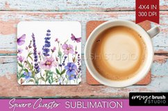 Wildflowers Square Coaster - Watercolor Flowers Coaster PNG Product Image 1
