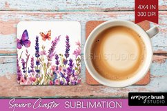 Wildflowers Square Coaster - Watercolor Flowers Coaster PNG Product Image 1