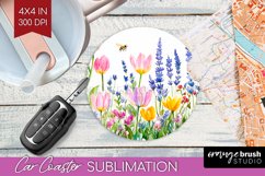 Wildflowers Car Coaster - Watercolor Flowers Coaster PNG Product Image 1
