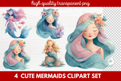 4 Cute Mermaids Clipart Set | Whimsical Mermaid Illustration Product Image 1