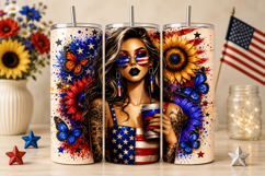 American Girl Sunflower Tumbler Wrap PNG, Patriotic Woman Product Image 1