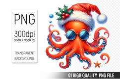 Christmas Octopus Clipart PNG, Festive Octopus illustration Product Image 1