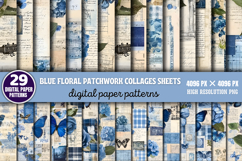 Blue Floral Patchwork Collages Sheets Digital Paper Patterns Product Image 1