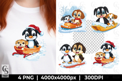 Penguin and Puppy Winter Sledding PNG Product Image 1