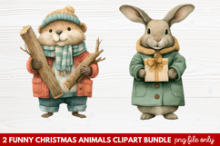 2 Funny Christmas Animals Clipart | Cute Holiday Animal PNG Product Image 1