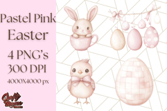 Pastel Pink Easter Bunny Egg and Flowers Clipart PNG Product Image 1