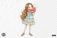 Whimsical Summer Girl &amp; Watermelon Clipart Product Image 1