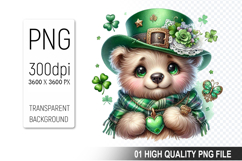 St. Patrick’s Day Bear with Green Hat Clipart, Shamrocks PNG Product Image 1