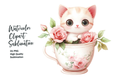 Cute cat with floral tea cup watercolor clipart png Product Image 1
