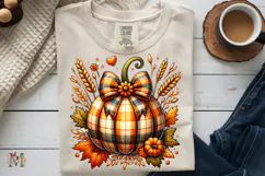 Plaid Pumpkin PNG, Vintage Autumn Floral Bow Sublimation Product Image 9