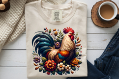 Folk Art Rooster PNG, Rustic Farmhouse Floral Sublimation Product Image 9