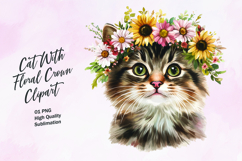 Cat with floral crown watercolor clipart Product Image 1