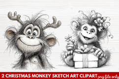 Christmas Monkey Sketch Art Clipart | Hand-Drawn Holiday Product Image 1