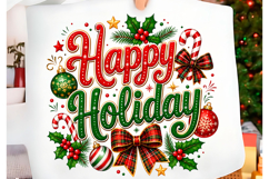 Happy Holiday Plaid Bow T-shirt Png Product Image 1