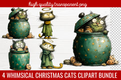 4 Whimsical Christmas Cats Clipart | Cute Festive Cat PNG Product Image 1