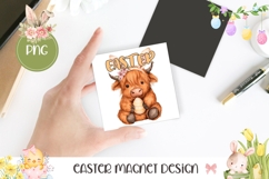 Cartoon Highland Cow Magnet PNG, Happy Easter Magnet Design Product Image 1