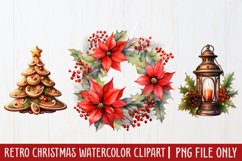 Retro Christmas Watercolor Clipart, Vintage Christmas PNG Product Image 1
