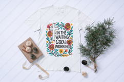Colorful Boho floral Christian sublimation design featuring a bold white cross, hand-drawn wildflowers, and uplifting Bible verse &quot;In the Waiting, God is Working.&quot; Perfect for faith-based t-shirt printing, mugs, and wall art. This high-resolution PNG is i