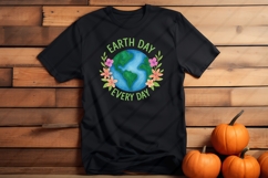 Digital PNG design featuring a hand-painted illustration of planet Earth with green continents and blue oceans, encircled by vibrant pink, orange, and purple flowers with leafy accents. The text &quot;Earth Day&quot; appears above and &quot;Go Planet!