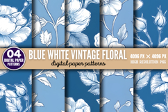 Blue White Vintage Floral Chinoiserie Digital Paper PNG Product Image 1