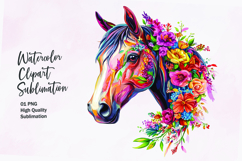 Horse head with flowers watercolor clipart sublimation Product Image 1