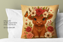 Highland Cow Flowers Pillow Sublimation PNG Product Image 1