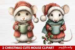 2 Christmas Cute Mouse Clipart | Adorable Holiday Mouse PNG Product Image 1