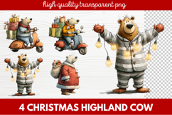 4 Christmas Highland Cow Clipart | Rustic Festive Cow PNG Product Image 1