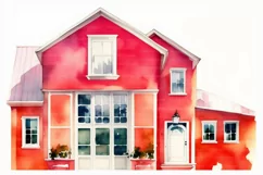 Red Farmhouse clipart, Watercolor house, Red Farm 14 PNG Product Image 10