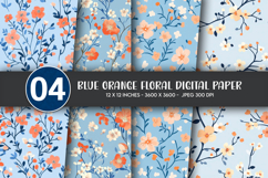 Blue Orange Floral Digital Paper Product Image 1