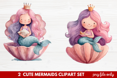 2 Cute Mermaids Clipart Set | Whimsical Mermaid Illustration Product Image 1